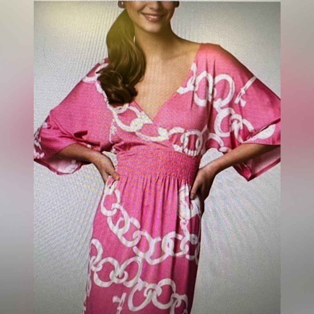 Lilly Pulitzer Pink Anders Dress Kimono Silk Cotton Ball Chain Pattern size s